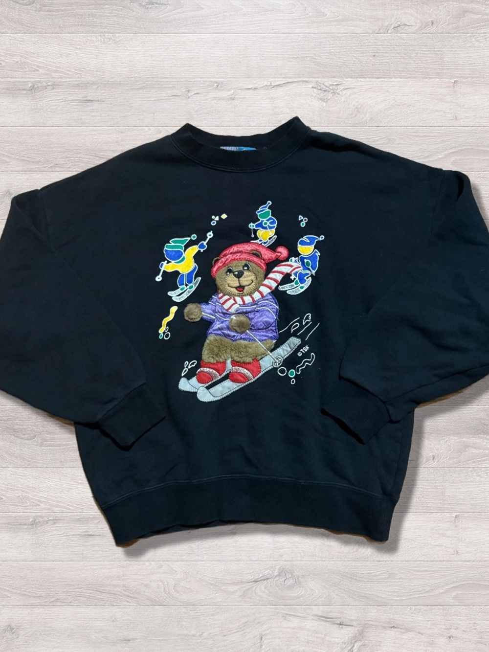 Vintage 90s Skiing Teddy Bear Winter Pullover Crewneck Sweatshirt Granny Small